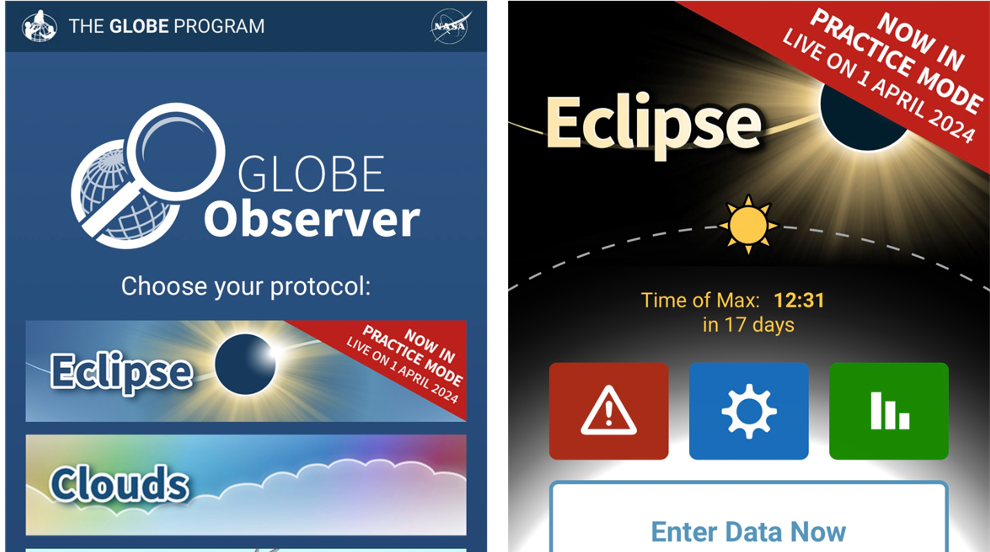Two screenshots of the GLOBE Observer app. The first screenshot shows the app home screen with the Eclipse tool as an option for data collection. The second screenshot shows the Eclipse tool home screen. A small banner on the Eclipse tool screen reads now in practice mode. Live on 1 April 2024.