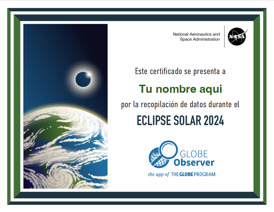 Certificado de eclipse con una imagen de la Tierra con nubes y el eclipse solar total en el espacio arriba.