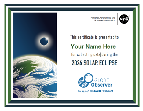 Eclipse certificate with an image of the Earth with clouds and the total solar eclipse in space above it.