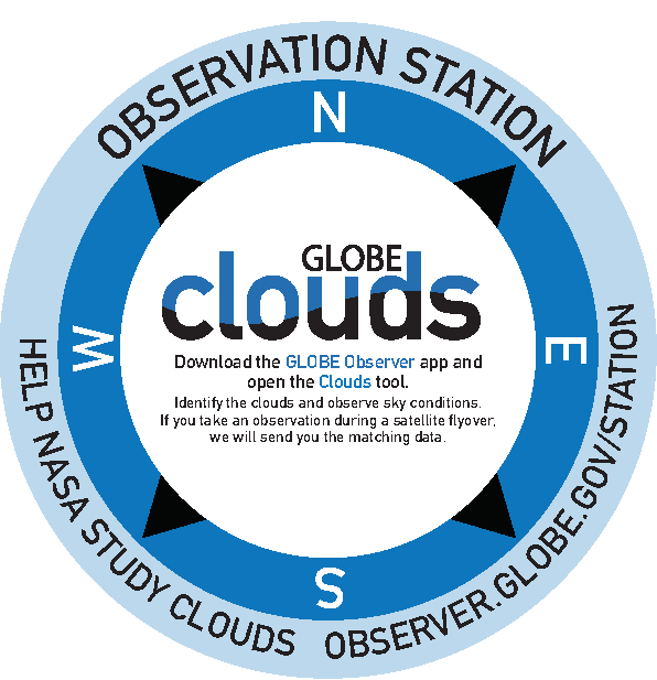 Clouds Observation Station: Download the GLOBE Observer app and open the Clouds tool. Identify the clouds and observe sky conditions. If you take an observation during a satellite flyover, we will send you the matching data.