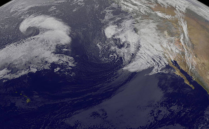 Two storm systems as seen from space.