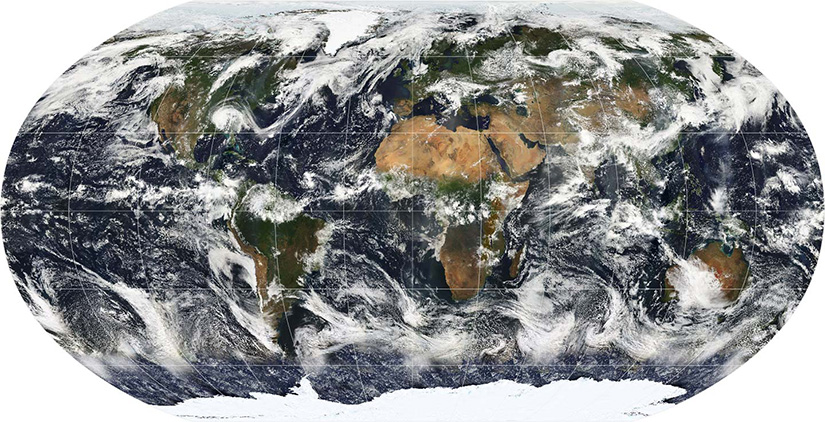 A global map of the Earth with lots of clouds.