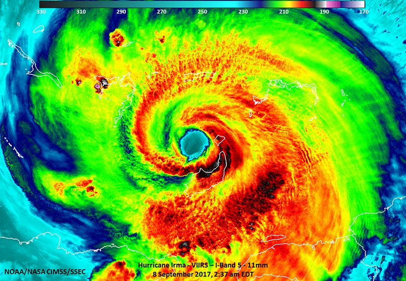 A view of a hurricane in false-color as seen from space.