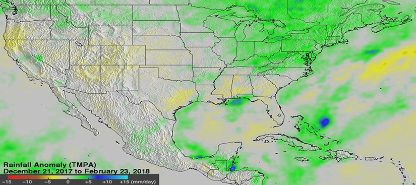 A map of the US showing rainfall areas.