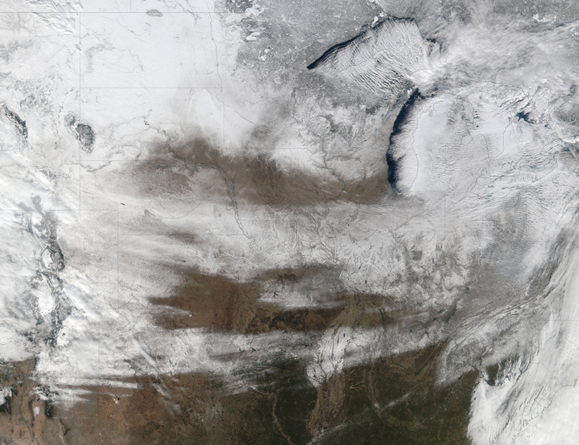 A portion of the US covered in snow -- as seen from space.