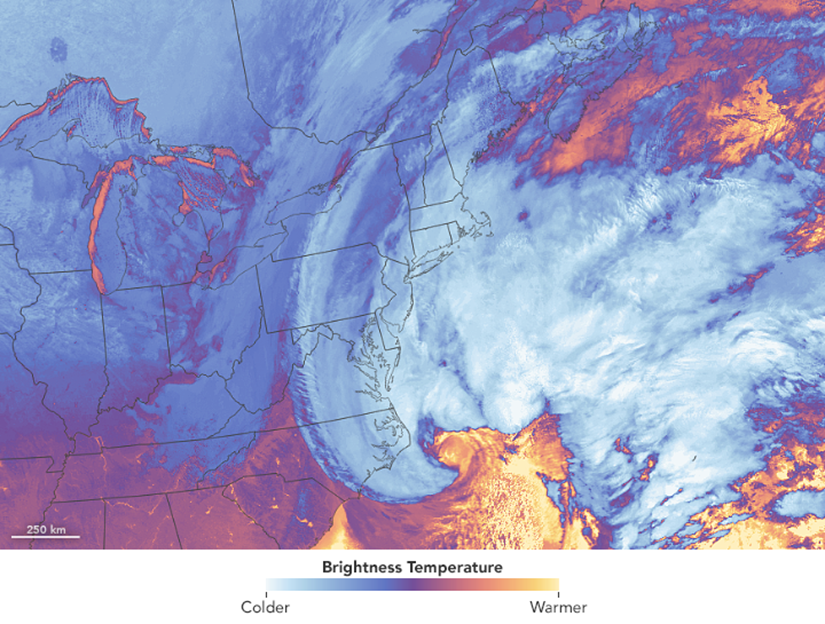 A view of a large winter storm from space.