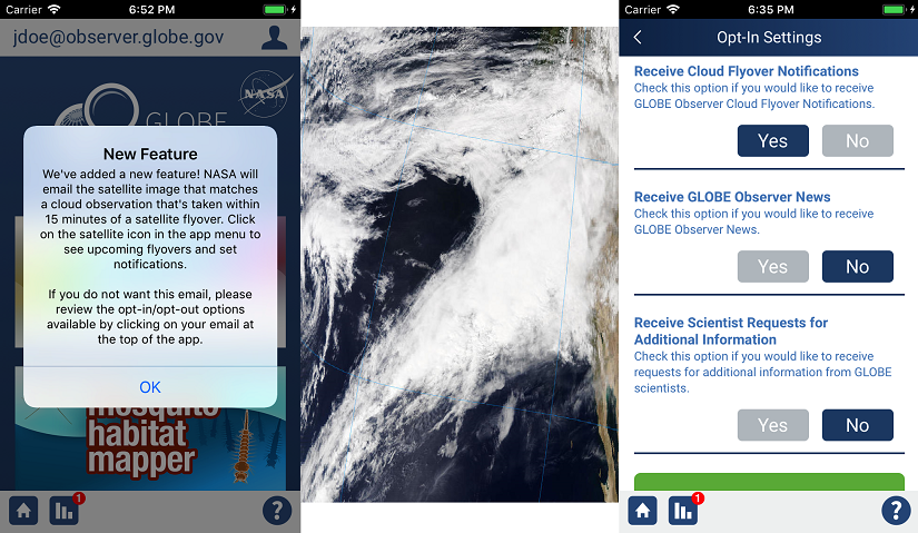 App interface and a satellite image of clouds.