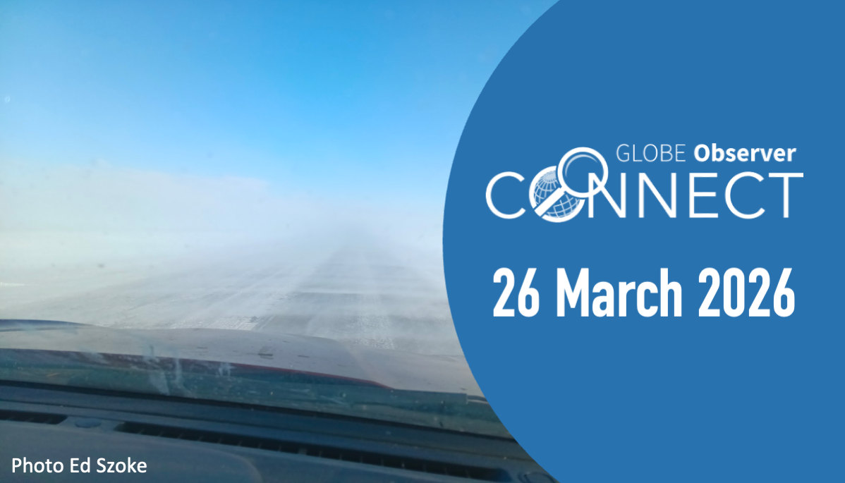 Dashboard cam view of a roadway with blowing snow (photo by Ed Szoke) Text says GLOBE Observer Connect 26 March 2026