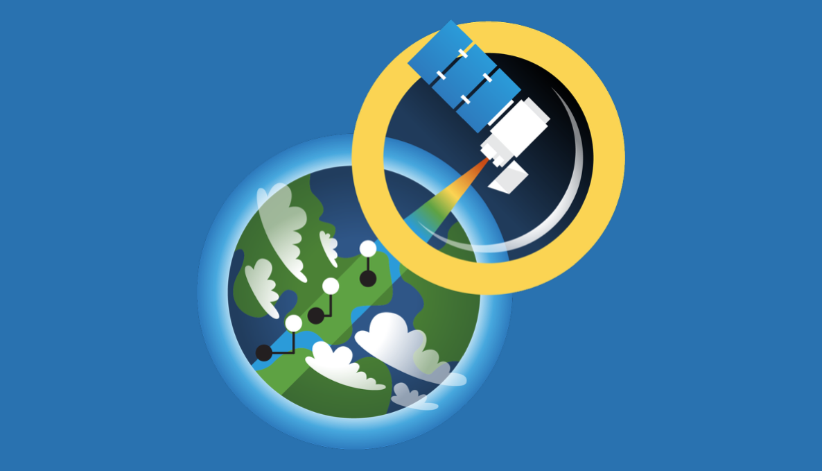 A graphic of a satellite looking down at the Earth, with a series of pins in the swath and clouds in between
