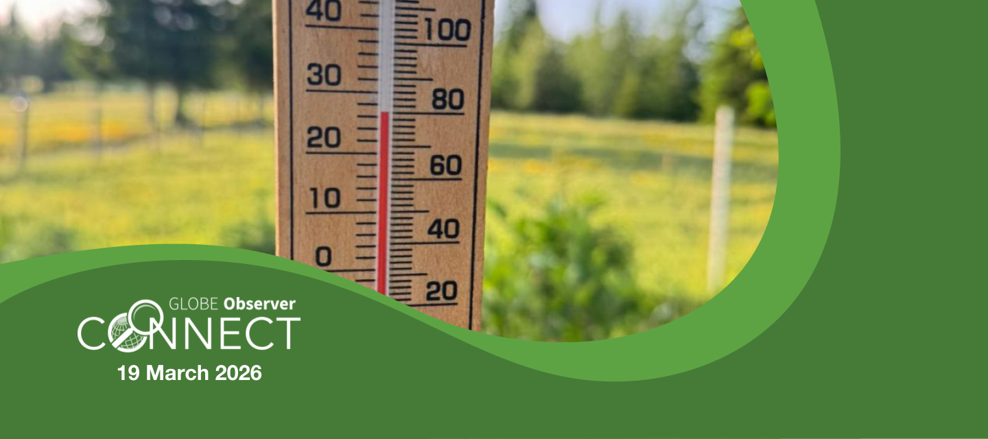 Liquid thermometer in front of a blurred landscape. Text says GLOBE Observer Connect 19 March 2026.