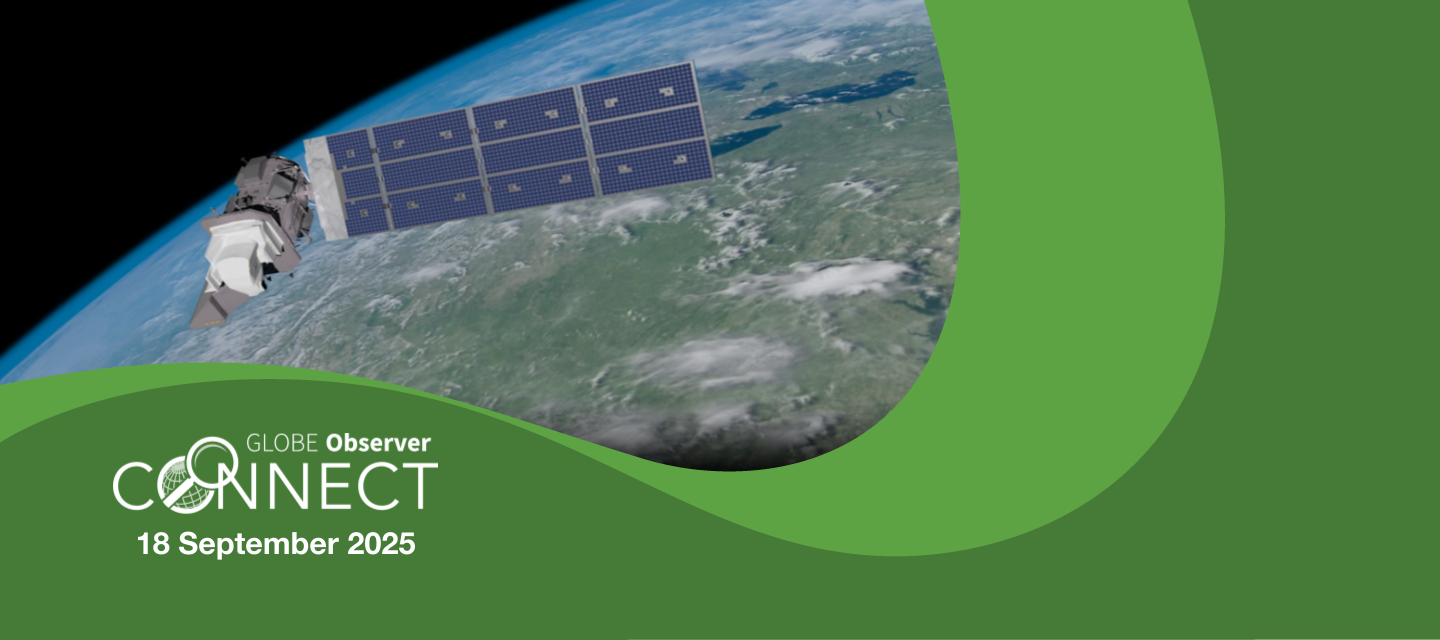 An artist's rendering of the Landsat 9 satellite orbiting the Earth. The text says GLOBE Observer Connect, 18 September 2025
