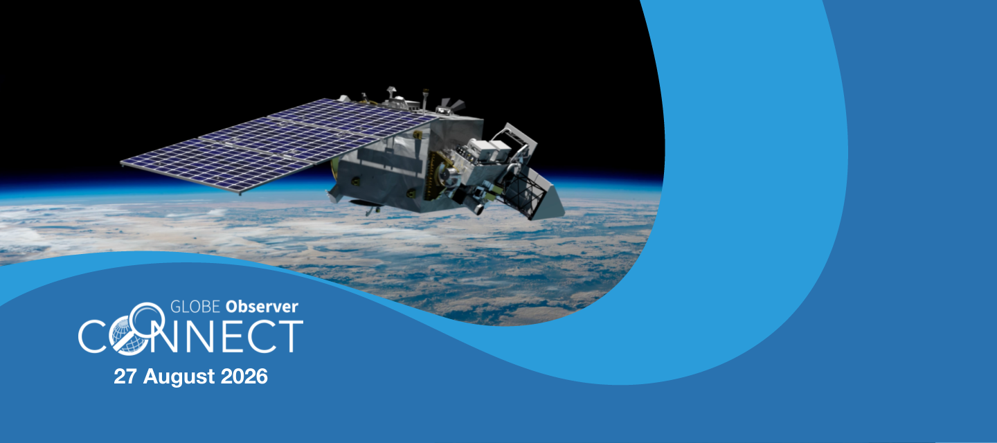 An artist's rendering of the PACE satellite over the Earth in space. Words over the image read GLOBE Observer Connect 27 August 2026.