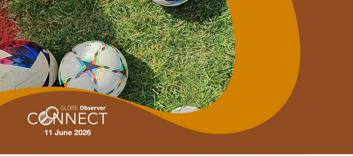 Three soccer balls (footballs) on a green field. Words over the image read GLOBE Observer Connect 11 June 2026.