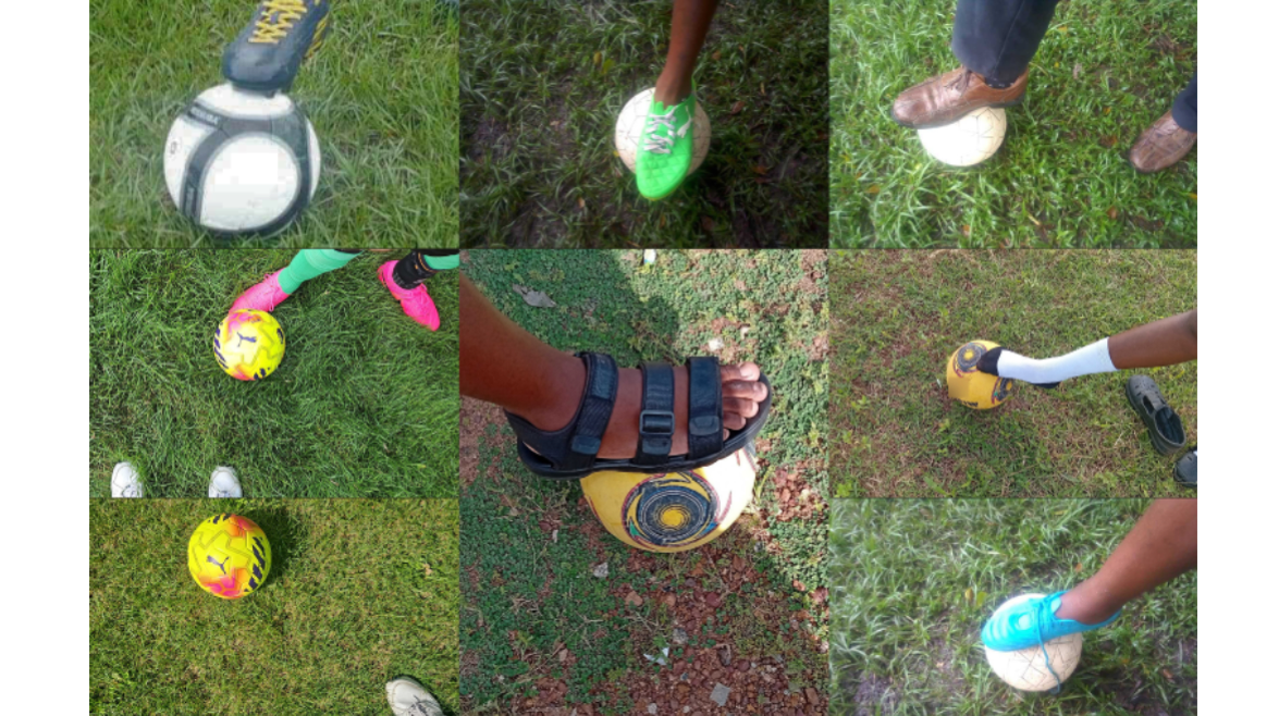 Array of down photos with soccer balls (footballs) and feet.