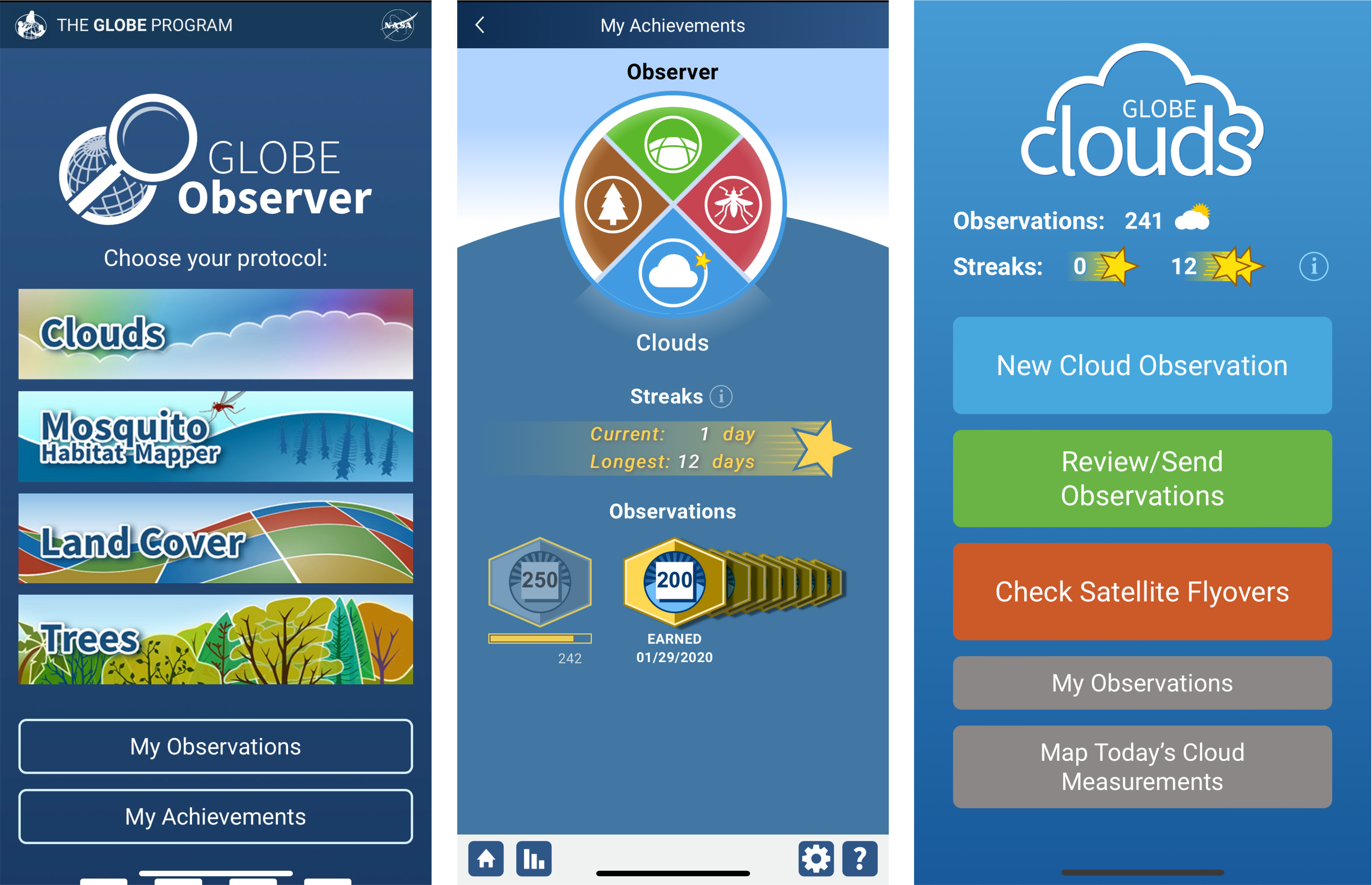 Three screenshots from the GLOBE Observer app. The first shows the GLOBE Observer home screen with a button for My Achievements. The second shows the My Achievements screen with Clouds selected. Under the streak heading is a star and text indicating that the current streak is 1 day and the longest streak is 12 days. The volunteer has earned a milestone badge for 200 observations and is close to earning the 250 observation badge. The third screenshot shows the clouds protocol home screen. On the top of the screen, text indicates that the volunteer has made 241 observations and has no streaks in progress. The longest streak is 12 days. 