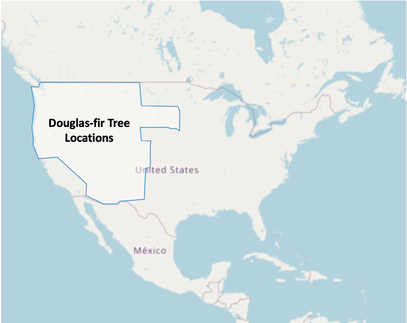 A map of North America with a region in the northwestern United States outlined.