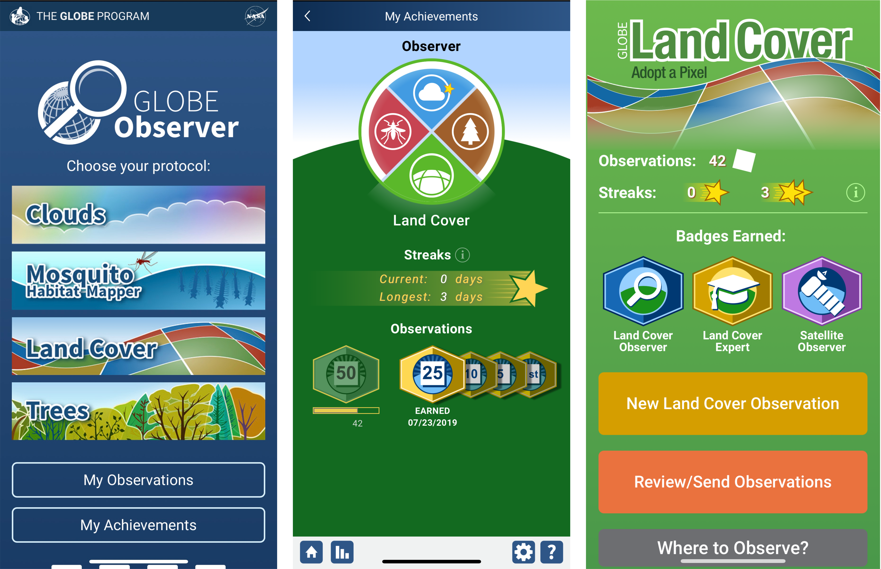Three screenshots from the GLOBE Observer app. The first shows the GLOBE Observer home screen with a button for My Achievements. The second shows the My Achievements screen with Land Cover selected. Under the streak heading is a star and text indicating that the current streak is 0 days and the longest streak is 3 days. The volunteer has earned a milestone badge for 25 observations and is working to earn the 50 observation badge. The third screenshot shows the Land Cover protocol home screen. On the top of the screen, text indicates that the volunteer has made 42 observations and has no streaks in progress. The longest streak is 3 days. 
