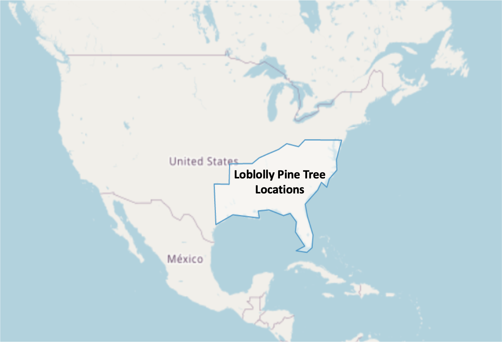 A map of North America with a region in the southeastern United States outlined.