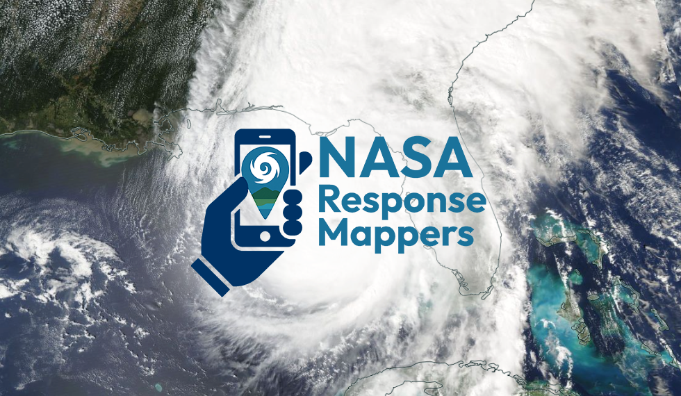 A satellite image shows the southeaster United States with a large hurricane poised to make landfall along the Gulf Coast of Florida. A drawing of a hand holding a phone is over the image. The phone screen shows a location marker and a stylized drawing of a hurricane icon over a mountain, flat land, and river. Text next to the drawing of the hand and phone reads NASA Response Mappers.
