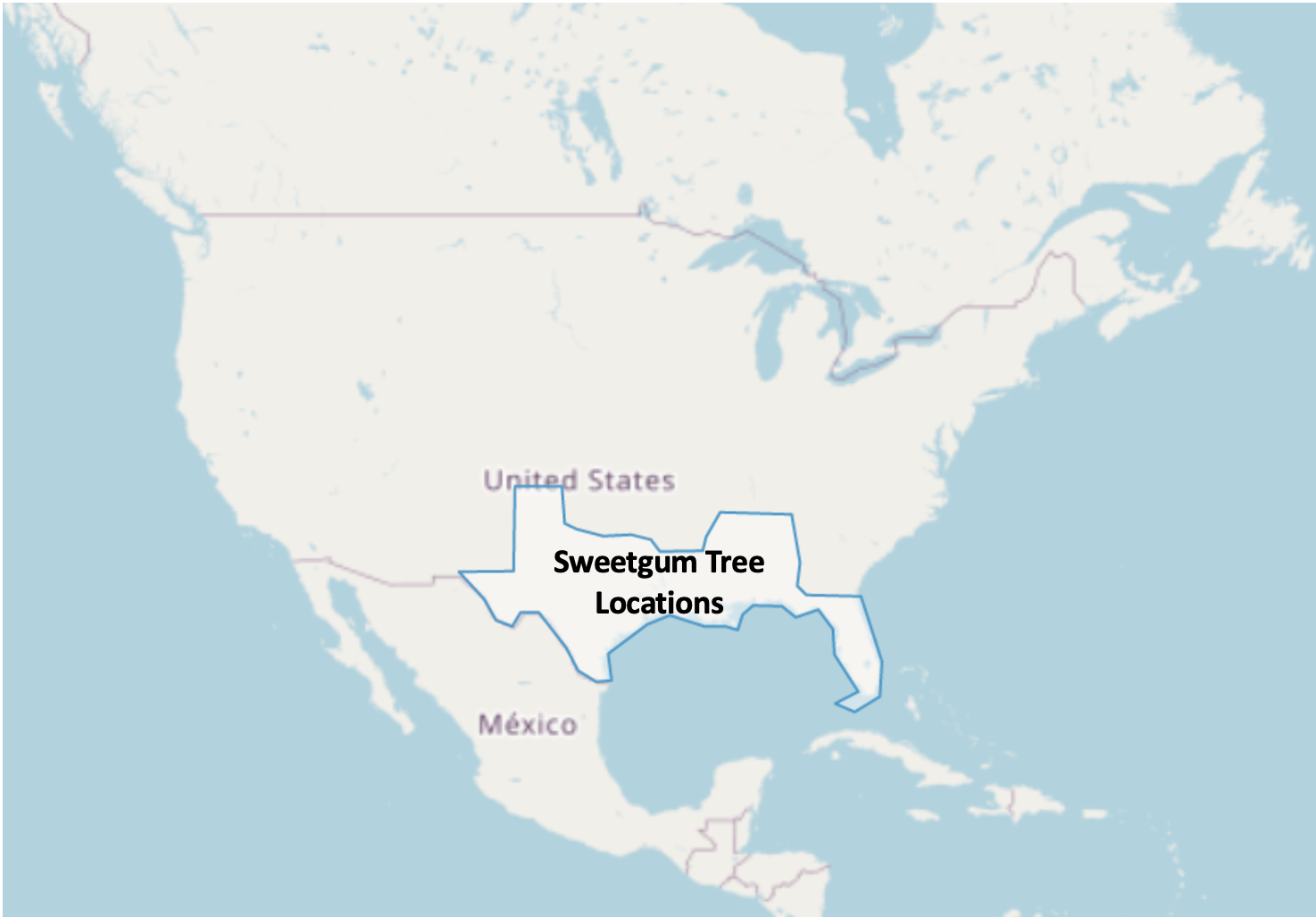 A map of North America with a region in Gulf Coast of the United States outlined.