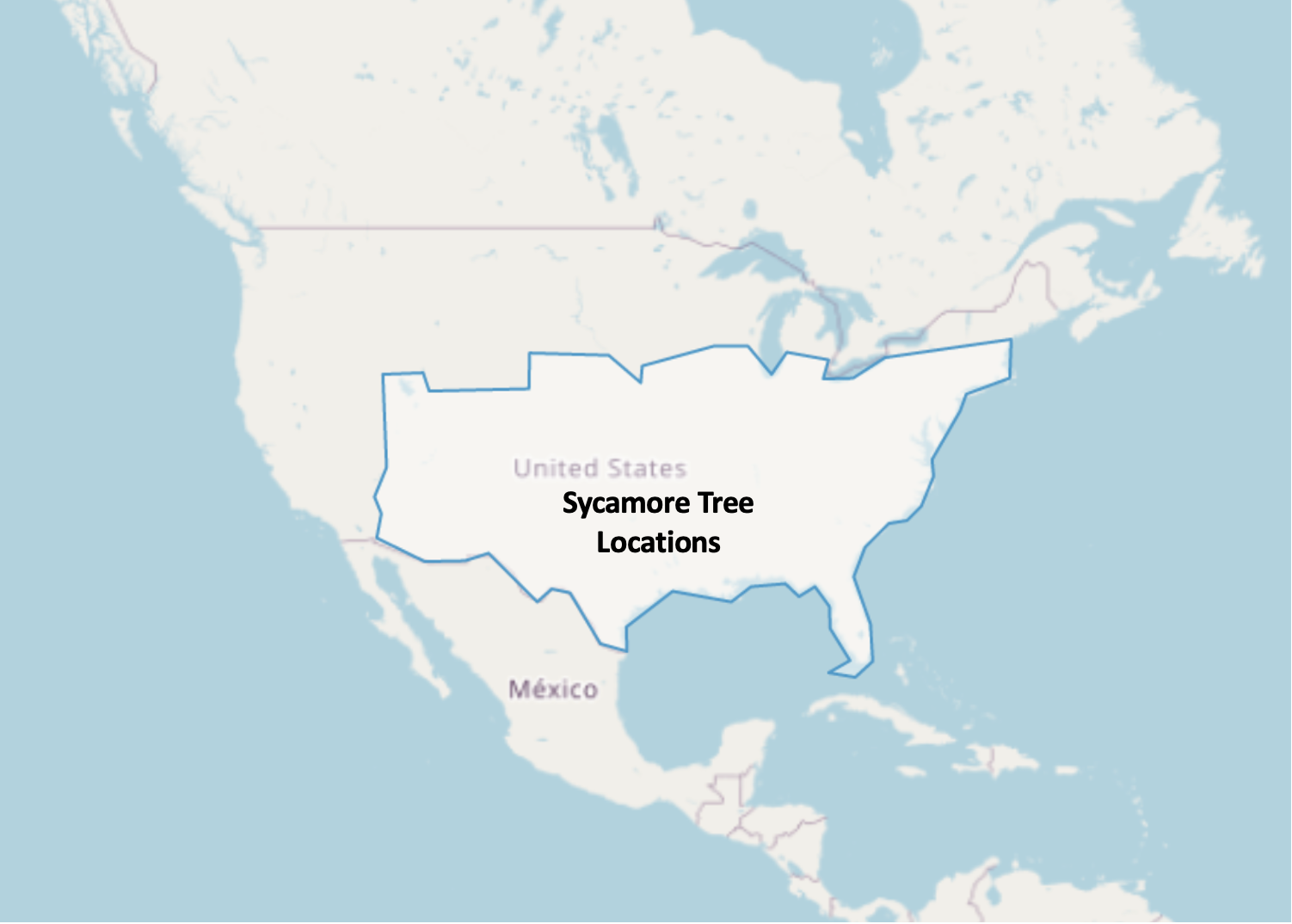 A map of North America with a region from the midwest to the eastern United States outlined.