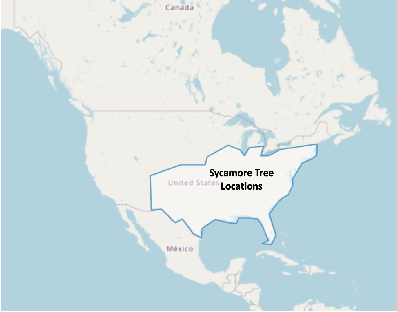 A map of North America with a region from the midwest to the eastern United States outlined.