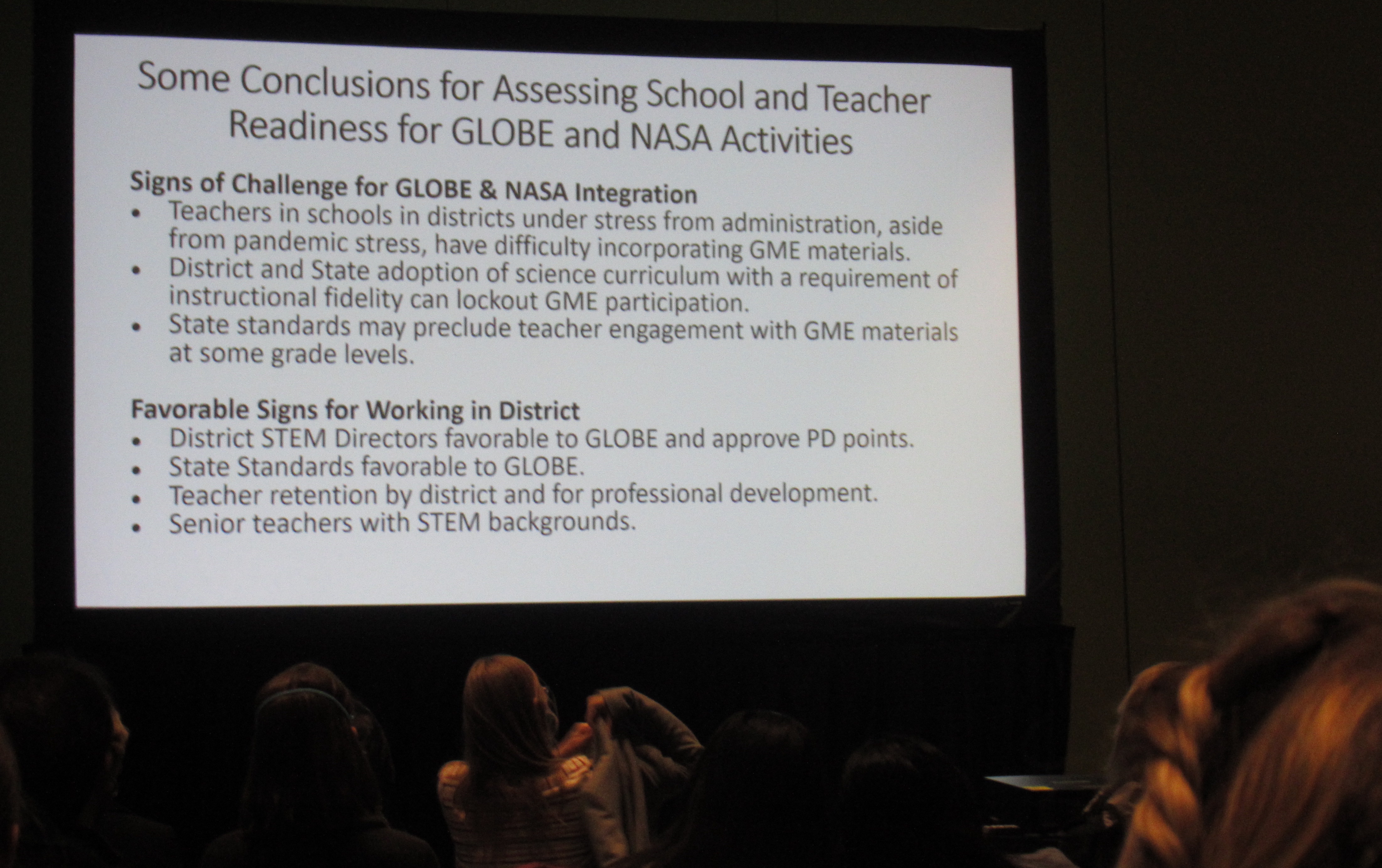 A presentation slide with the title, “Some Conclusions for Assessing School and Teacher Readiness for GLOBE and NASA Activities.”