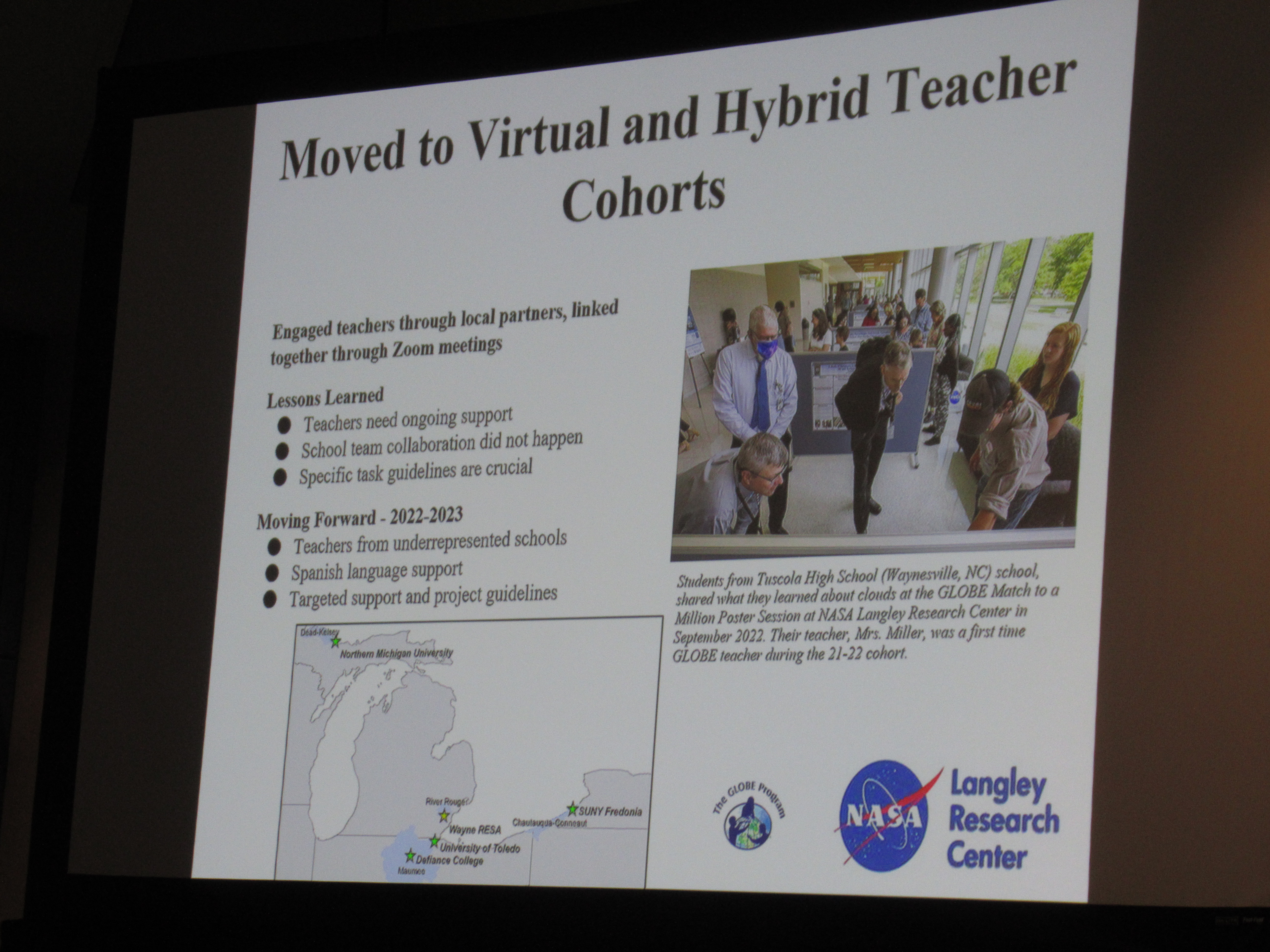 A presentation slide with the title, “Moved to Virtual and Hybrid Teacher Cohorts.”