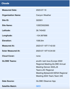 Similar to previous screenshot of the My Observations page, except with an added row for Satellite Match that has a link that says there is a geostationary match.