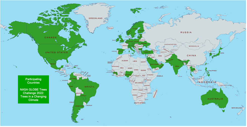 A world map showing the countries that contributed data during the NASA GLOBE Trees Challenge 2022: Trees in a Changing Climate.