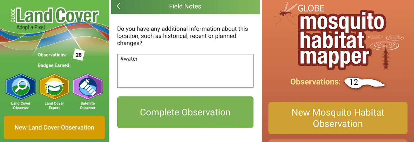 From left: The landing screen for the Land Cover tool, the field notes section of the tool with #water noted, and the landing screen of the Mosquito Habitat Mapper tool