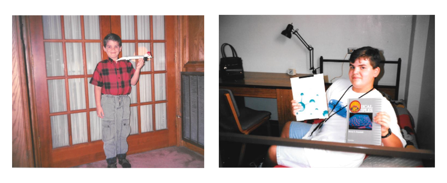 Two pictures of Brant Dodson as a boy. On the left, he is standing, smiling cheerfully, holding up an airplane model. On the right, he appears a bit older, sitting at a desk and holding up a clipboard and a science textbook.