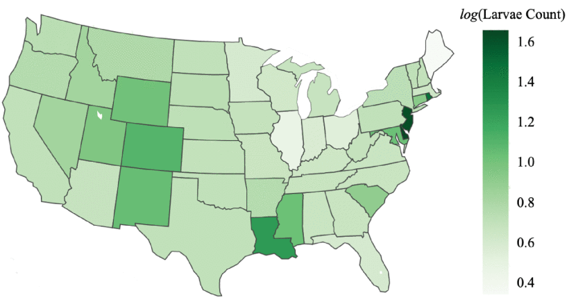 A map of the contiguous United States showing increased mosquito populations across the country in 2050. The greatest increase is in Rocky Mountain States (Wyoming, Utah, Colorado, New Mexico), parts of the Southeast (Louisiana, Mississippi, South Carolina), and sections of the Northeast (Maryland, Delaware, New Jersey, Connecticut, and Rhode Island). 