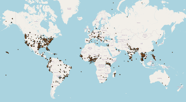 A world map showing the distribution of GLOBE mosquito habitat data between October 2018 and October 2023. The greatest concentrations of data are in the United States, Brazil, Nigeria, Kenya, India, Thailand, and the Philippines. 
