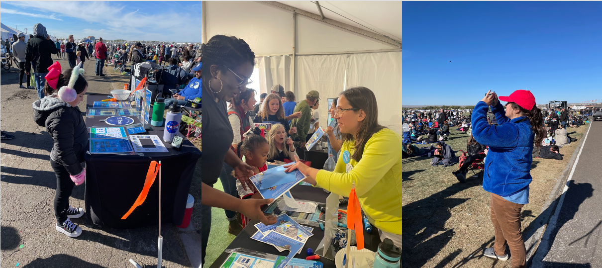 A collage of three photographs taken during an eclipse event. In the first, a child looks at a table that includes a cloud chart and information about GLOBE Eclipse. In the center image, a NASA staff member hands a woman a cloud activity. In the last, a woman uses a phone to photograph the sky during the eclipse.