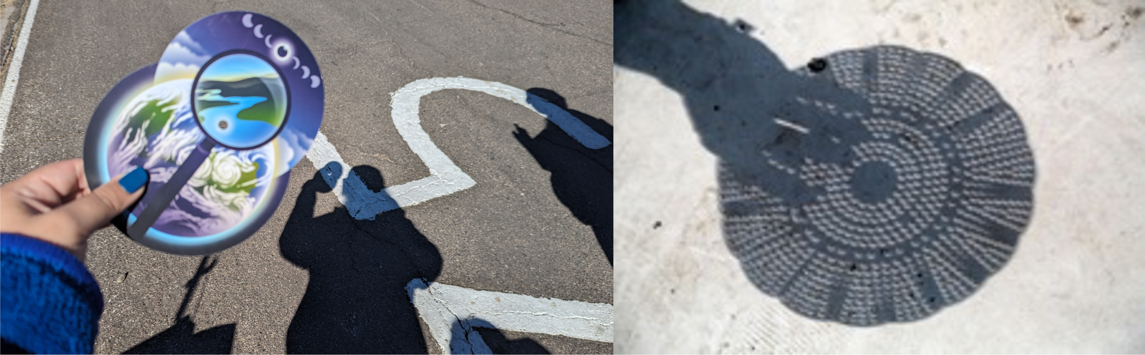 Left, a person holds the GLOBE Eclipse card, which has a hole in the center. The person’s shadow and the card’s shadow are shown. The hole in the card shows the Sun’s crescent shape.  Right, a photo of the shadow of a colander shows crescent-shaped holes during an eclipse.  