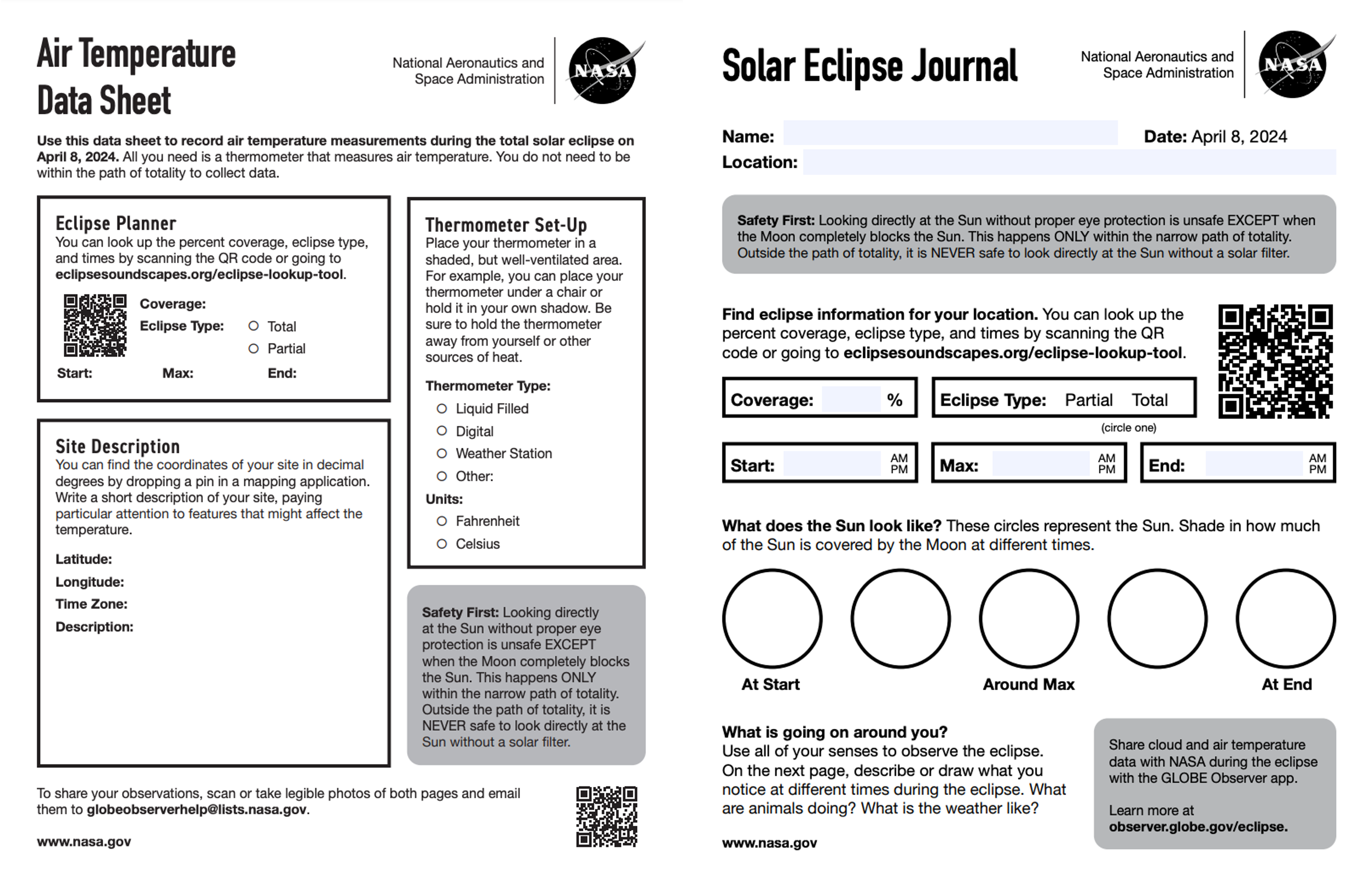 Screenshots of printable datasheets that can be used to record eclipse observations. On the left is the air temperature data sheet, and on the right is the solar eclipse journal. Both documents are available at https://observer.globe.gov/do-globe-observer/eclipse/resource-library in an accessible format. 