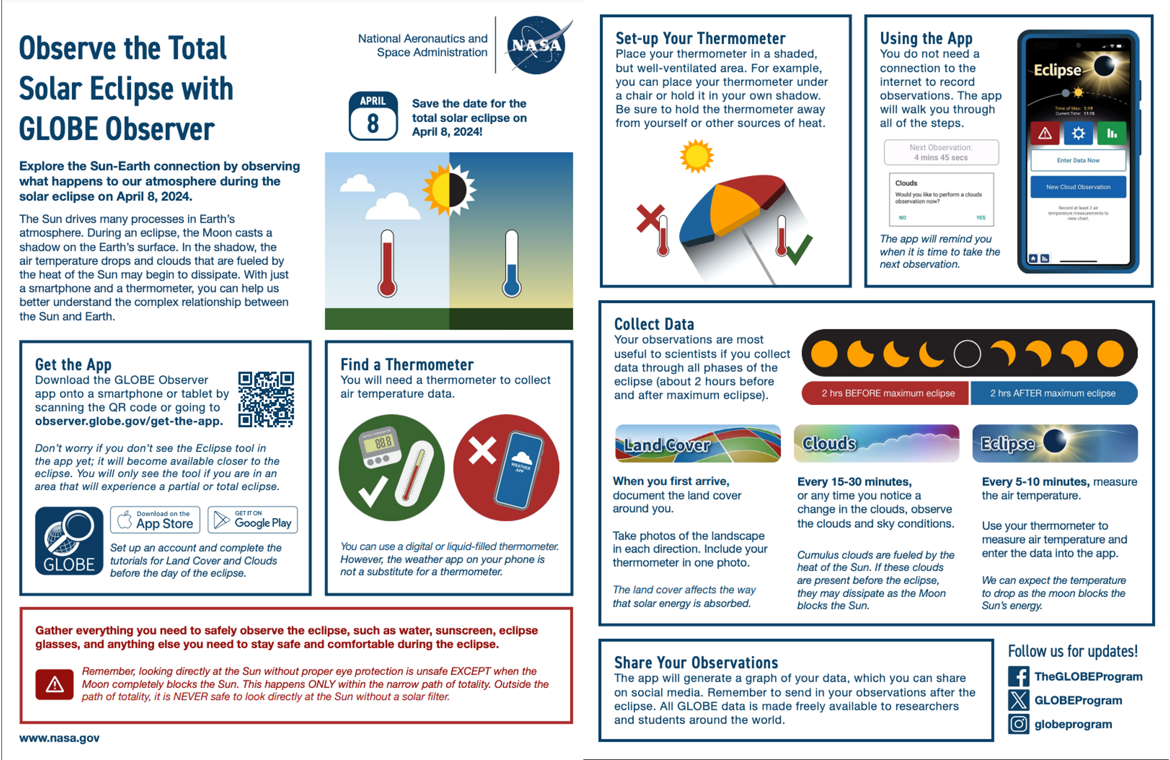 Screenshots of a two-page overview handout about how to observe the total solar eclipse with GLOBE Observer. Sections include: get the app, find a thermometer, set up your thermometer, using the app, collect data, and share your observations. The full handout is available in an accessible format at https://observer.globe.gov/documents/19589576/51589943/GLOBE-Eclipse_Overview_English.pdf. 