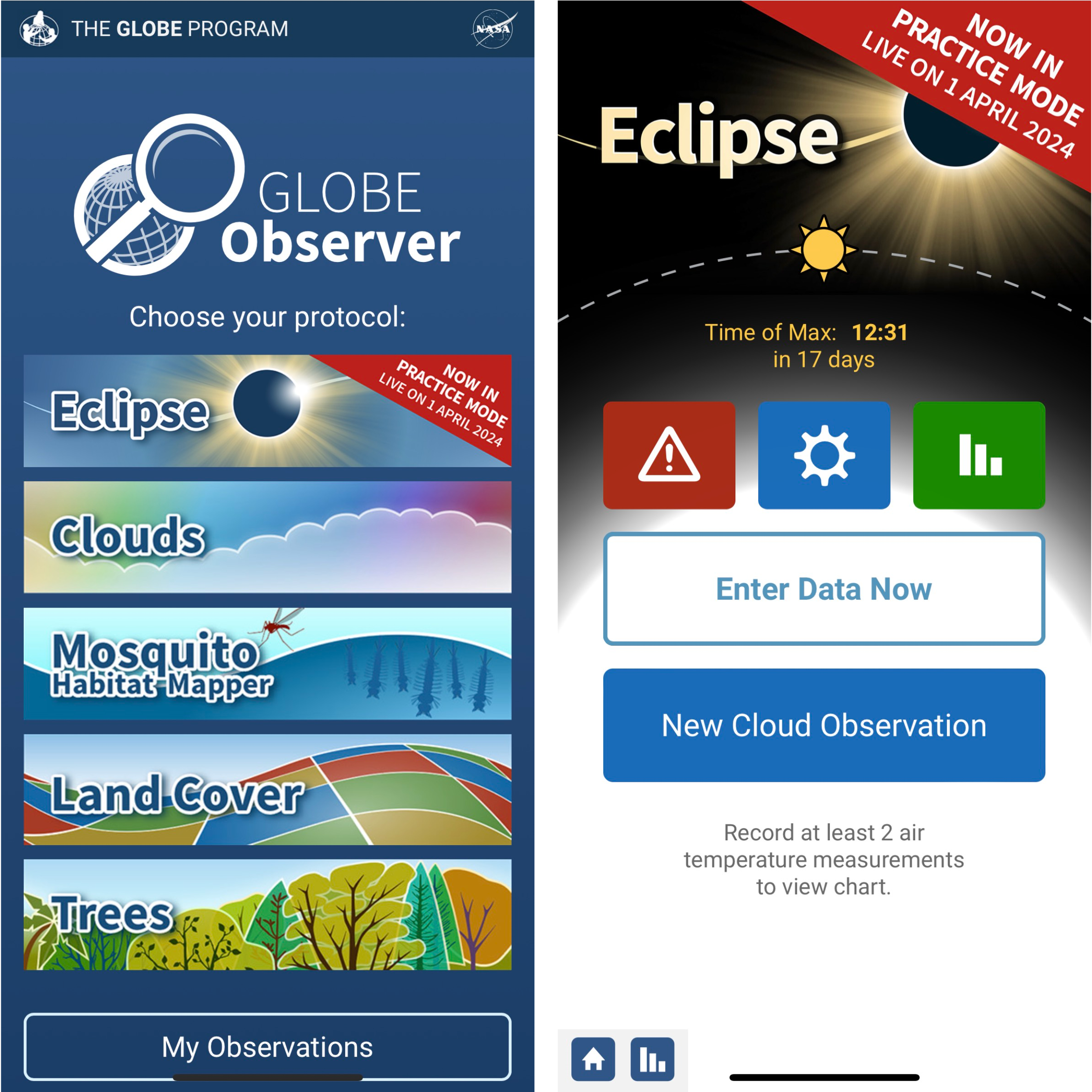Two screenshots of the GLOBE Observer app. The first screenshot shows the app home screen with the Eclipse tool as an option for data collection. The second screenshot shows the Eclipse tool home screen. A small banner on the Eclipse tool screen reads now in practice mode. Live on 1 April 2024. 