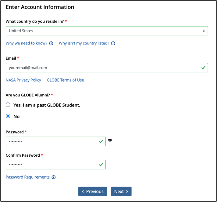 A screenshot of the GLOBE account creation process, screen 2, Enter Account Information. This full screen is accessible on the GLOBE website under Create an Account.
