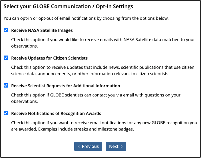 A screenshot of the GLOBE account creation process, step 4, Select GLOBE Communication Settings. This full screen is accessible on the GLOBE website under Create an Account.