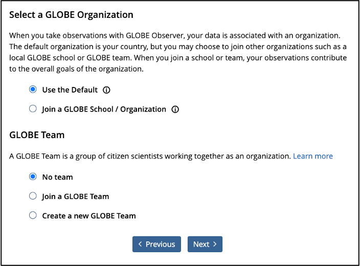 A screenshot of the GLOBE account creation process, step 3, Select a GLOBE Organization. This full screen is accessible on the GLOBE website under Create an Account.