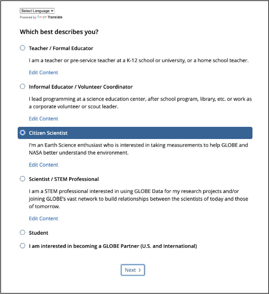 A screenshot of the GLOBE account creation process, screen 1, What best describes you. This full screen is accessible on the GLOBE website under Create an Account.