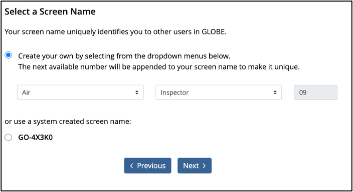 A screenshot of the GLOBE account creation process, step 2, Select a Screen Name. This full screen is accessible on the GLOBE website under Create an Account.