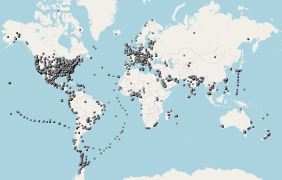 Gray dots on a map of the world show the distribution of data collected during the GLOBE Eclipse challenge, 15 March - 15 April 2024. Concentrations of dots appear in the United States, Europe, and southern Asia. Trails of observations over the oceans indicate data collected onboard a ship.