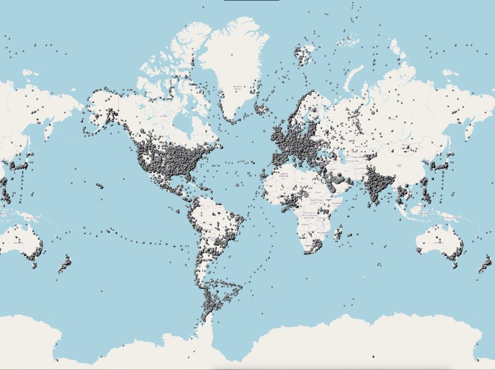 A world map with grey dots showing the locations of data collected through GLOBE clouds. Dots are most dense in the United States, Europe, and India. Tracks appear in every ocean basin as well. 