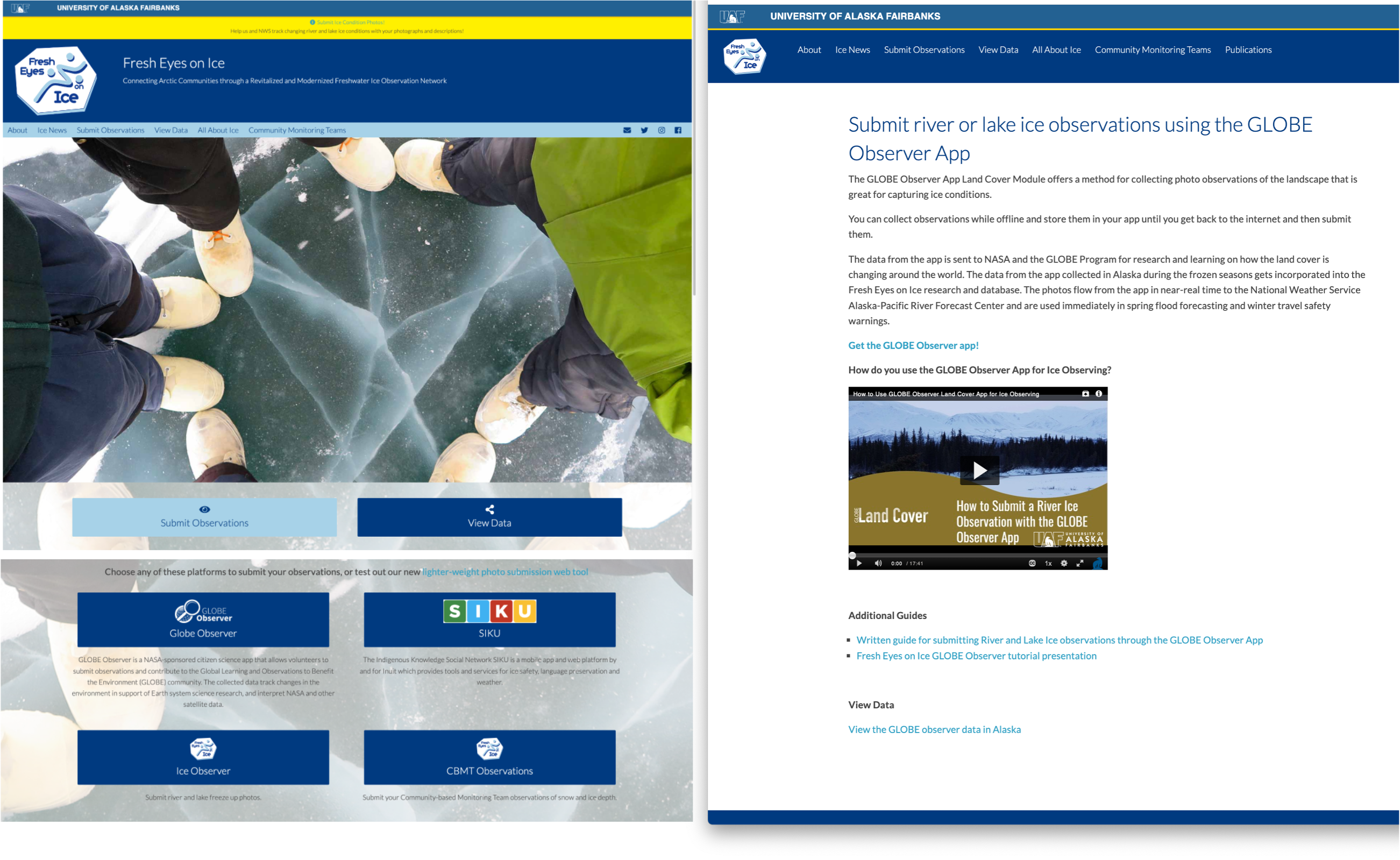 Screenshots of the Fresh Eyes on River Ice web page, including the home page at fresh eyes on ice dot org and a sub-page about how to submit river or lake ice observations using the GLOBE Observer app. 
