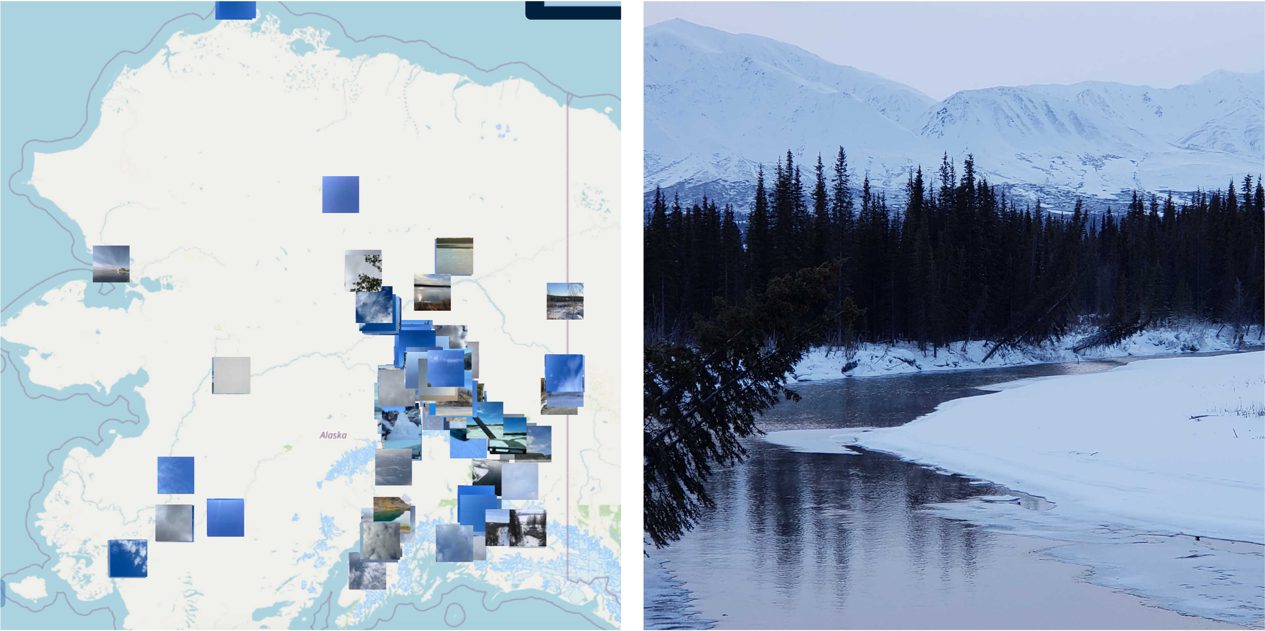 The left image shows an unlabeled map of Alaska with land in white and water in blue. Photo thumbnails on the map indicate where people have taken GLOBE Observer land cover observations. The observations are primarily along rivers. On the right is a photo of a river surrounded by a snow-covered landscape and evergreen trees. 