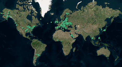 A world map with green dots indicating where observations have been taken.