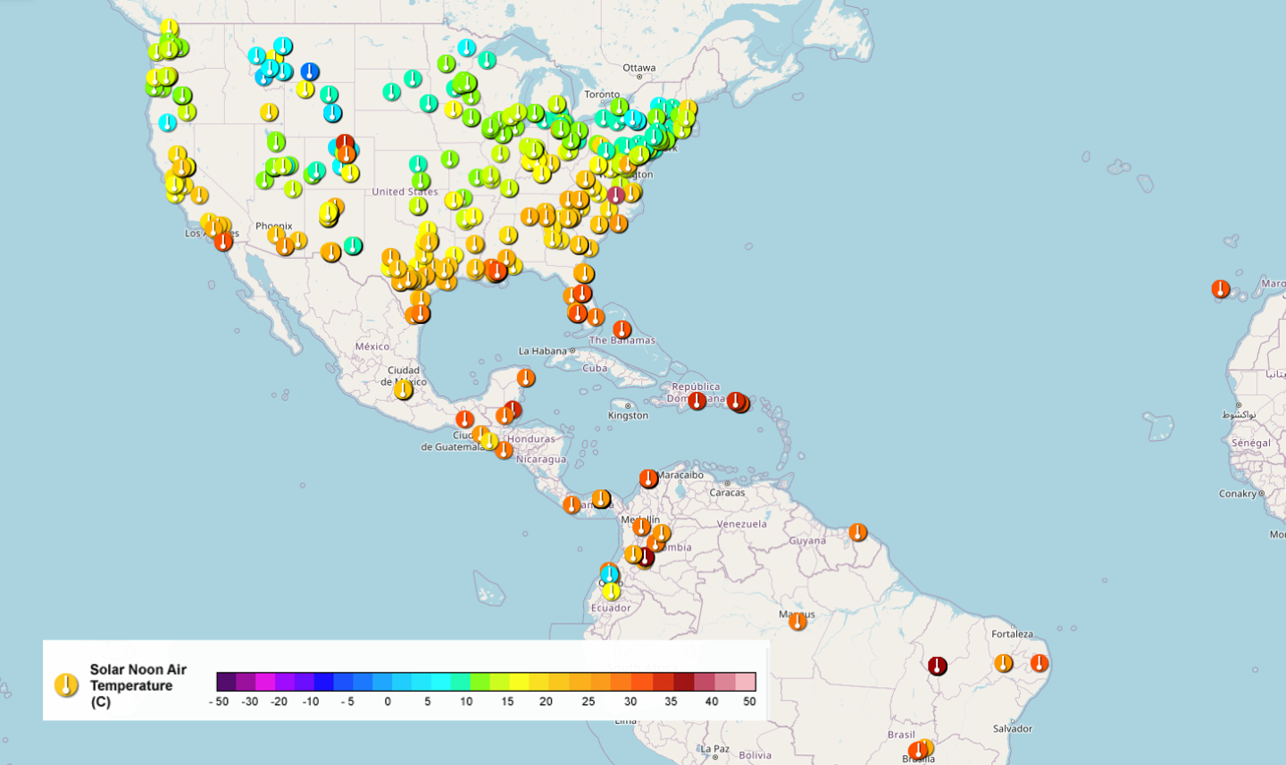 A map showing North, Central and South America with colored points indicating the air temperature data collected during the annular solar eclipse on 14 October 2023.